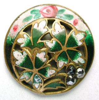 Antique French Enamel Button Pierced Leaves & Floral W/ Cut Steel Accents photo
