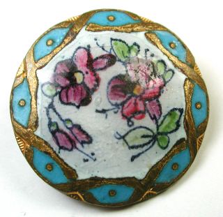 Antique French Enamel Button Hand Painted Purple Flowers - Paris Back photo