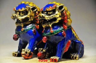 A Pair Collectible Chinese Cloisonne Handwork Lion Statues photo