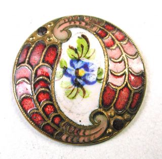 Antique French Enamel Button Blue Flowers & Fancy Red Champleve Border photo