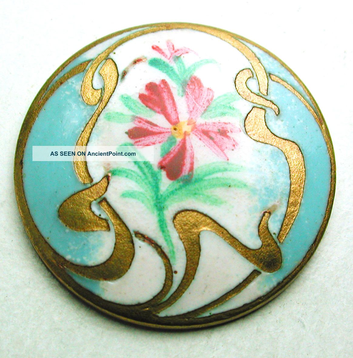 Antique French Enamel Button Hand Painted Floral Nouveau Brass & Turquoise Buttons photo