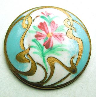 Antique French Enamel Button Hand Painted Floral Nouveau Brass & Turquoise photo