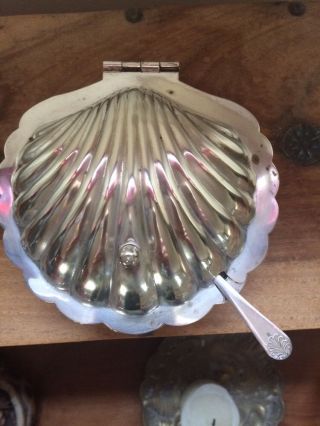 Shell Shaped Silver Plated Butter Dish With Glass Insert And Knife photo