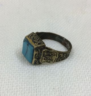 Square Blue Turquoise Ring Men Traditional Islamic Afghan Engraved Filigree Hot photo