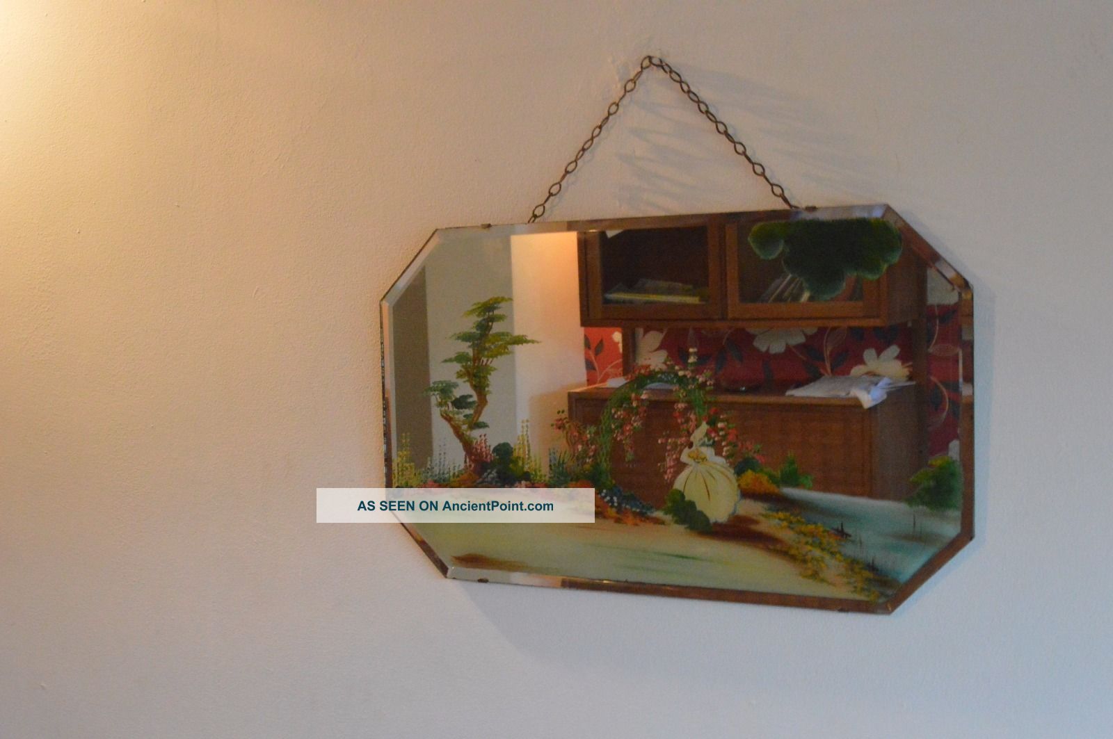 Antique Octagon Hanging Wall Mirror & Garden Painted Print No Frame 22x13 Inches 20th Century photo