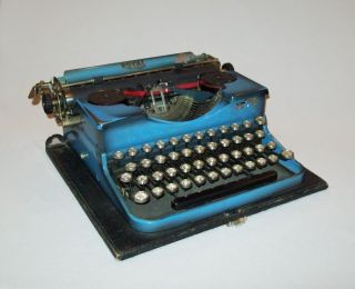 Scarce Antique Vtg Ca 1929 Royal Blue Black Duotone Portable Typewriter W/ Case photo