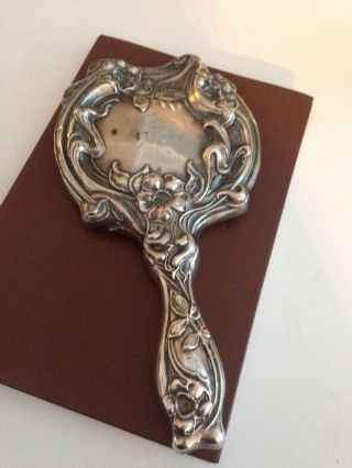 Vintage Sterling Silver Art Nouveau Hand Mirror Repousse Floral Design photo