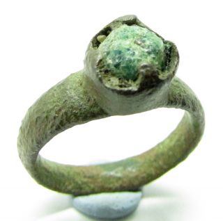 Saxon Era Bronze Ring With Green Gem In Bezel - Historical Gift - T1 photo