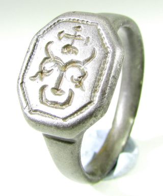 Scarce Medieval Knights Silver Heraldic Seal Ring - Bull Head And Cross - W41 photo