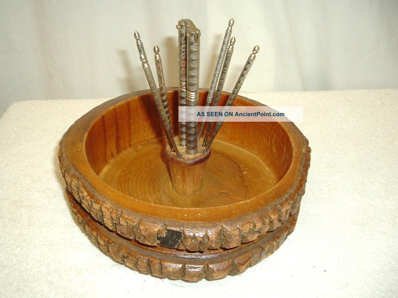 Vintage Wood Bark Nut Bowl W/cracker & 6 Picks Holiday Christmas Usa Ship Bowls photo