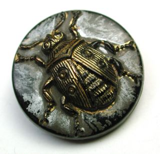 Antique Black Glass Button Detailed Beetle With Gold & Silver Luster Finish photo