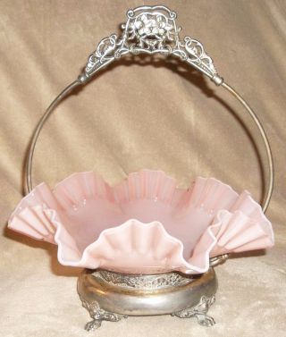Antique Late 1800 ' S? Brides Basket Pink Ruffled Bowl W/ Silver Holder& photo