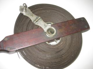 Antique Vintage 98 ' Metal Steel Tape Measure Reel,  Wood Handle,  Surveying Tool photo