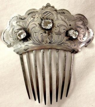 C1840 Ornate.  900 Coin Silver Jeweled Hair Comb Floral Engraved W/ Paste Crystal photo