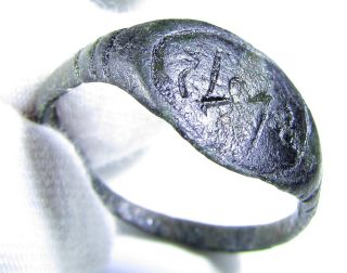 Rare Medieval Bronze Finger Ring With Engraved Runic Script - Wearable - Gh11 photo