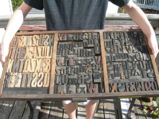 155pcs Antique Wood Carved Printing Blocks & Tray Numbers - Letters Etc Full Tray photo