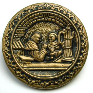 Antique Brass Button 2 Monks Sharing A Drink Pictorial photo