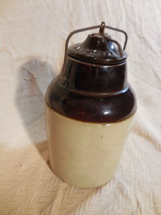 Antique 2 Tone Weir Pottery Quart Canning Jar With Ceramic Lid & Metal Bail 1892 photo
