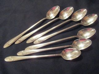 1946 Queen Bess Violet Sprays Rogers Silver Plate 7 Parfait Ice Iced Tea Spoons photo