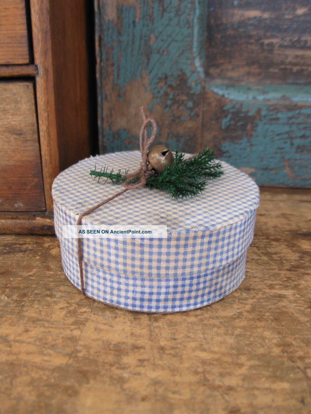 Small Papier Mache Pantry Box Covered In Blue Gingham With Christmas Greenery Primitives photo