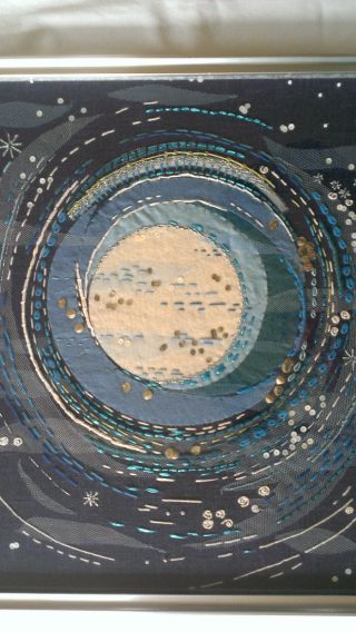 Mid Century Mixed Media Collage Textile Art Moon Night Sky Star Framed photo