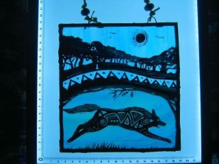Stained Glass Art Panel By Rachael Revelle - Running - Wolf & Forest - Blues photo