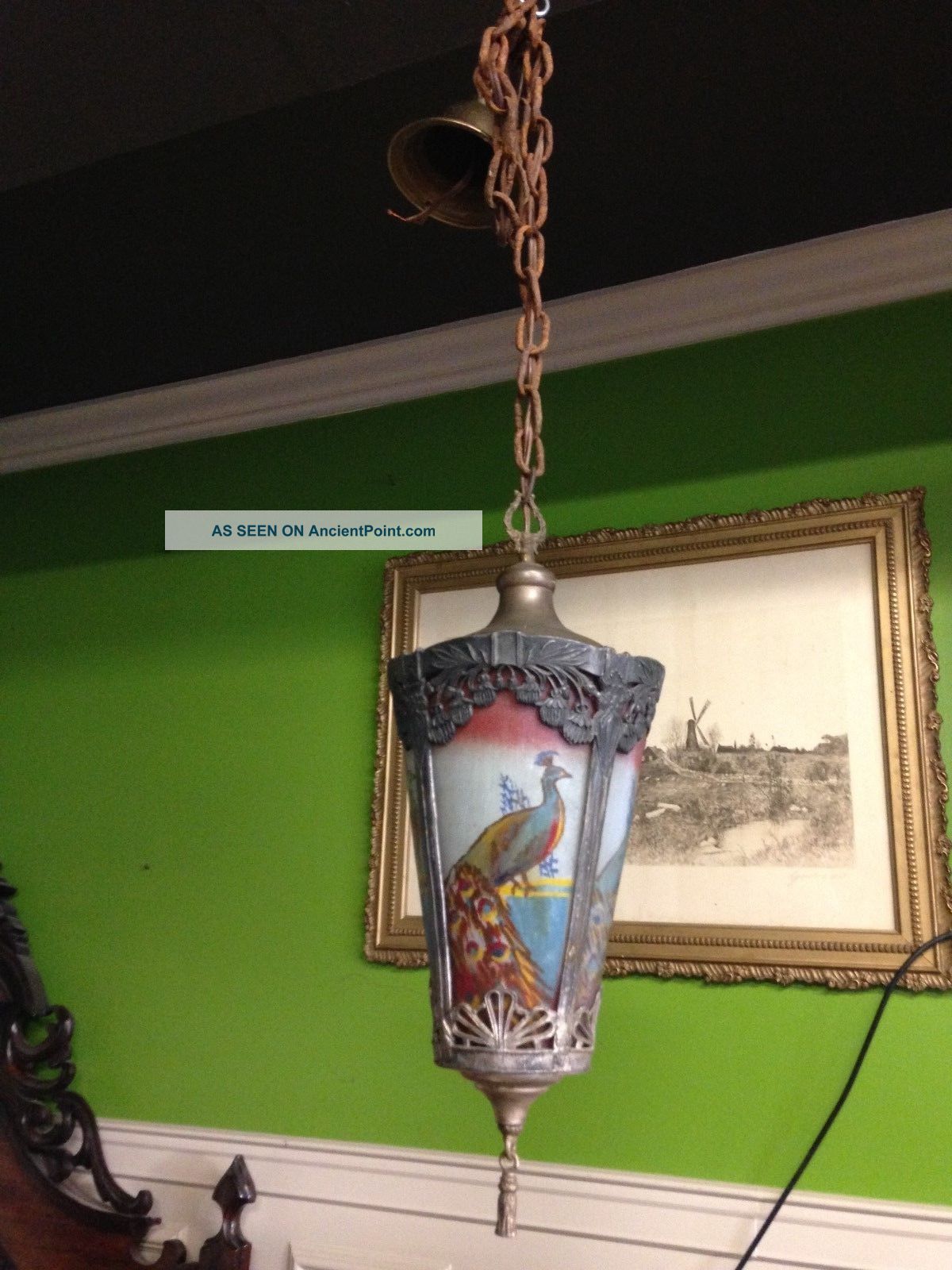Antique Hanging Lamp With Painted Peacocks Chandeliers, Fixtures, Sconces photo