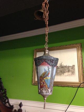 Antique Hanging Lamp With Painted Peacocks photo