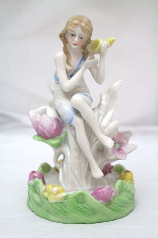 Sitzendorf Germany Young Woman Water Sprite Flower Frog W/ Flowers,  Shell photo