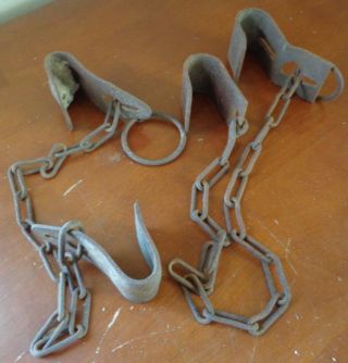 2 Antique Shabby Rustic Farm Dairy Cow Hobbles Kickers Shackle Chain Wasp Nest photo