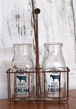 Primitive Country Farmhouse Cream Milk Glass Bottles Rusty Wire Carrier Basket photo