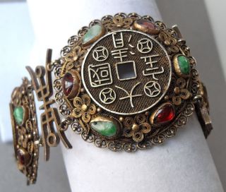 Large Antique Chinese Gilded Silver Filigree Bracelet W Tourmaline,  Jade,  Garnet photo