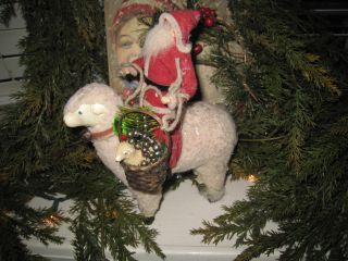 Primitive Old German Style Santa Riding Stick Leg Sheep W/ Basket And Tiny Sheep photo