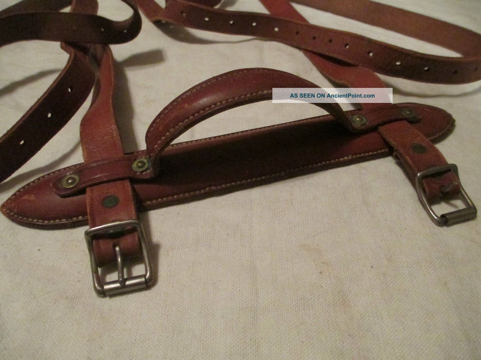 Antique 1890 ' S Brass Rivets Leather Luggage Strap Handle Steamer Trunk Railroad Primitives photo