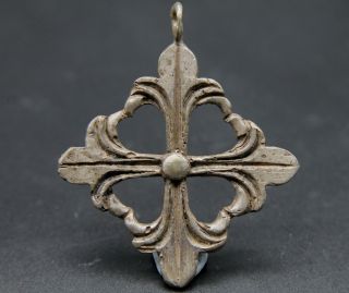 Ancient Medieval Period Silver Decorated Cross Pendant 1400 - 1500 Ad photo