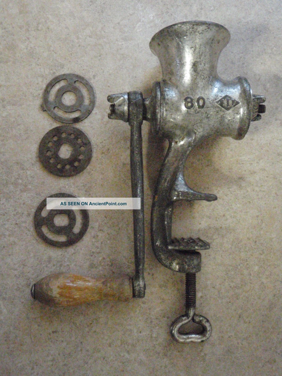 Antique Meat Grinder Hand Crank Cast Iron England 80 1f 4 Cutters Sausage Small Meat Grinders photo