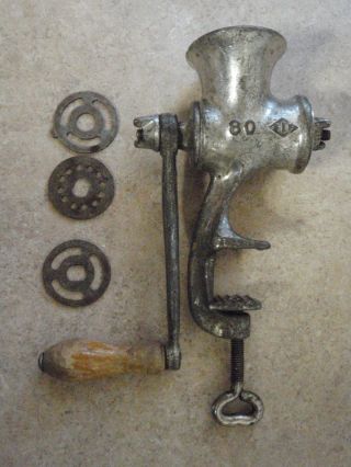 Antique Meat Grinder Hand Crank Cast Iron England 80 1f 4 Cutters Sausage Small photo