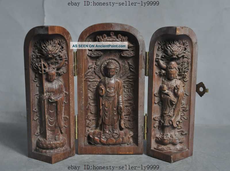 Old Boxwood Hand Carving Tibet Buddhism Sakyamuni Kwan - Yin Jizo 3 Buddha Statue Tibet photo