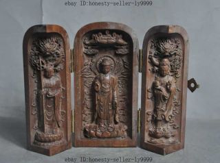 Old Boxwood Hand Carving Tibet Buddhism Sakyamuni Kwan - Yin Jizo 3 Buddha Statue photo