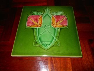Antique Arts And Craft Tile Art Nouveau Majolica Impressed Green Tile 6 X 6 4 photo