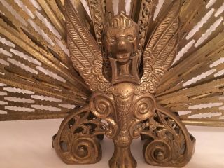 Antique Solid Brass Fireplace Screen Winged Griffins On Base Peacock Style Fan photo