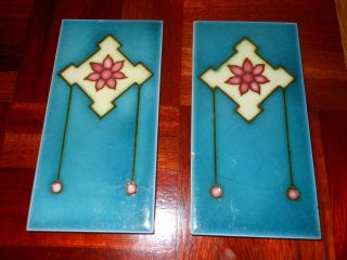 Pair Antique Arts And Craft Tile Art Nouveau Majolica Impressed Tiles 6 X 3 photo