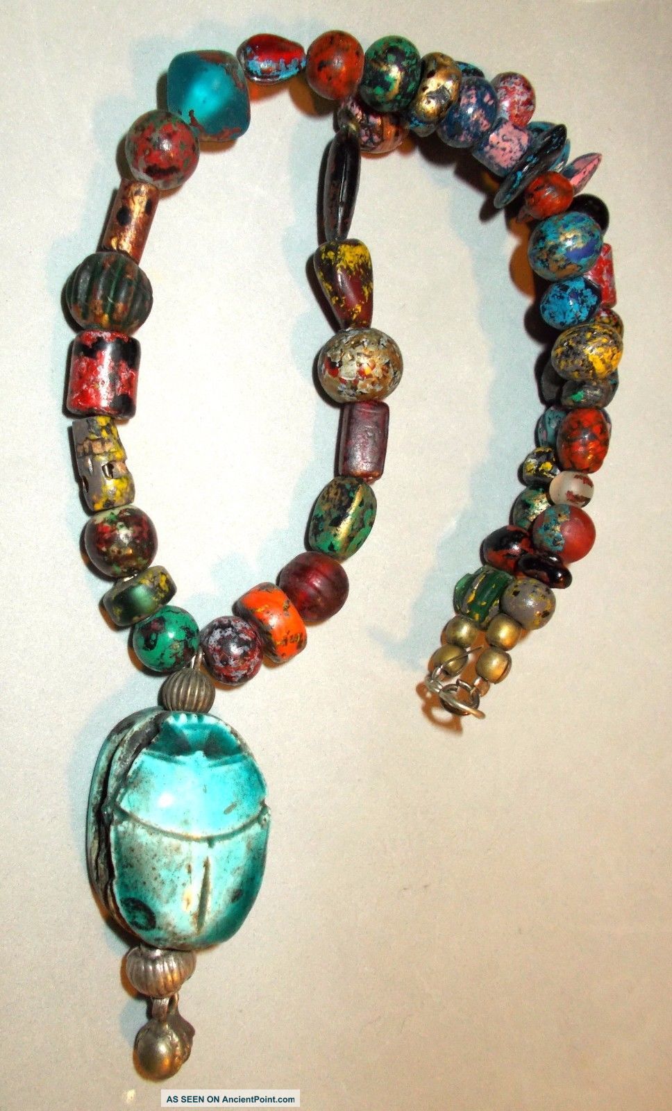 Vintage Egyptian Necklace Scarab Bead Focal,  Mixed Beads Stunning 17 1/2 