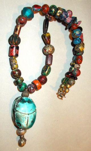 Vintage Egyptian Necklace Scarab Bead Focal,  Mixed Beads Stunning 17 1/2 