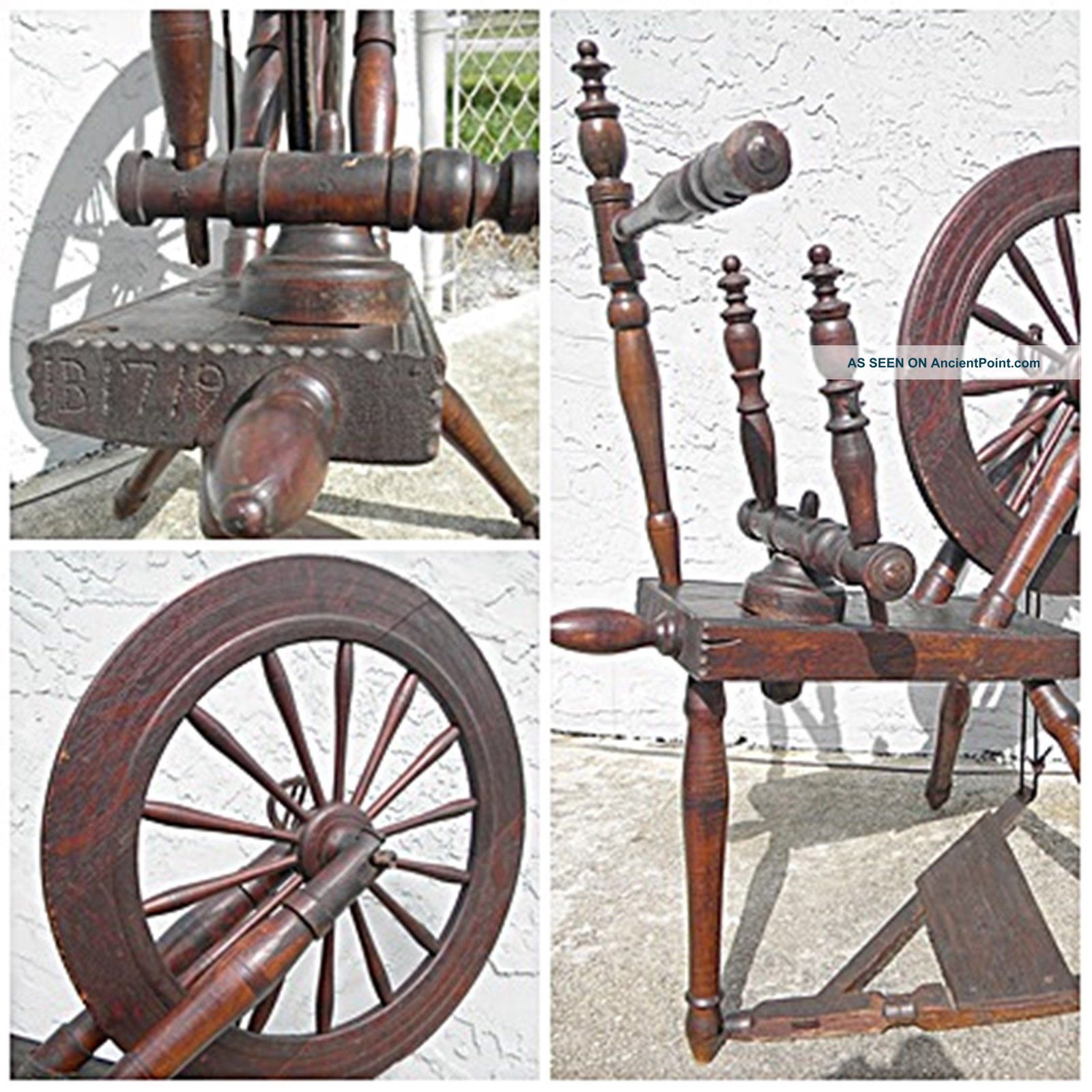 Estate Rare Signed Jb 1719 Antique American Primitive Wood Spinning Wheel Nr Primitives photo