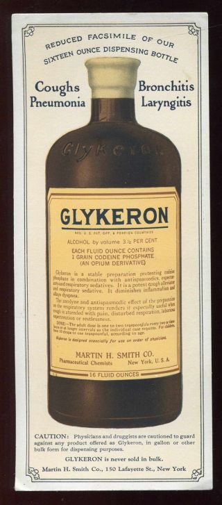 Glykeron Aka Glyco - Heroin 1920s Medicine Bottle Advertising Blotter photo