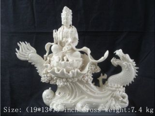 Chinese Dehua Porcelain Goddess Guanyin Dragon,  Hand Best Statue photo