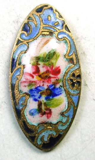Antique French Enamel Button Hand Painted Flowers On Spindle Shape Design photo