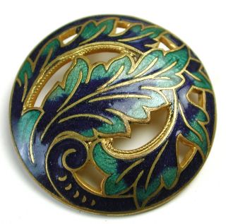 Antique French Enamel Button Colorful Pierced Leaves Dessign photo
