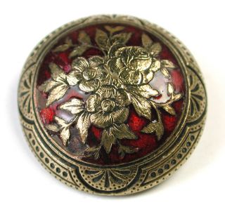Antique French Enamel Dome Button Brass Roses Design W/ Red Enamel photo